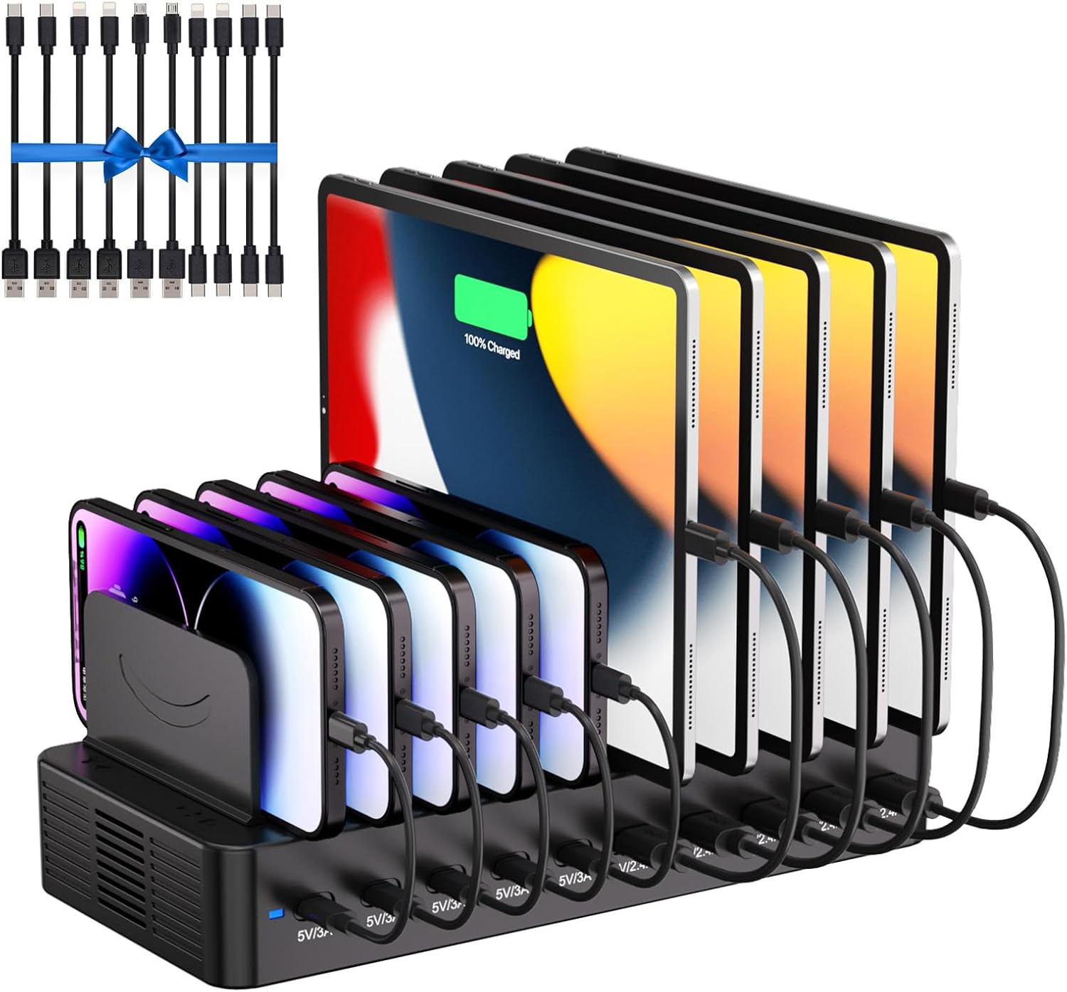 Black 100W ten-port USB charging station with adjustable dividers holding phones and tablets upright
