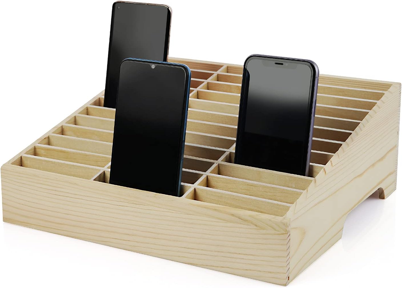Wooden 36-grid desktop phone organizer box with numbered compartments holding mobile phones