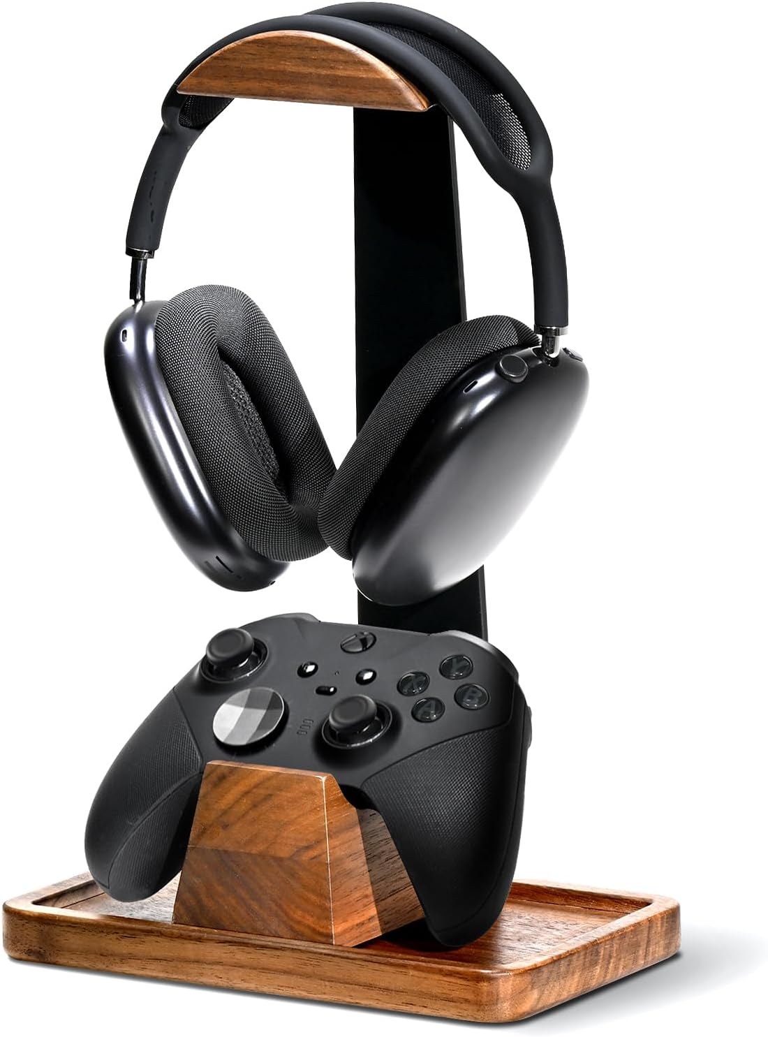 Walnut wood-grain headphone stand holding a headset above a controller resting in its base