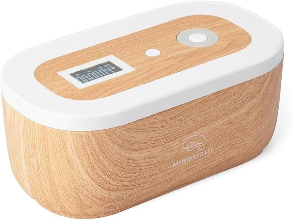 Mindsight timed lock box with a wood-effect body, white lid and small digital timer display
