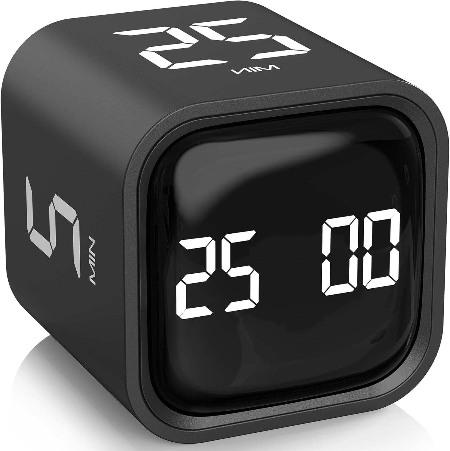 Black rotating cube timer on a stand showing a 25 minute countdown on its digital face