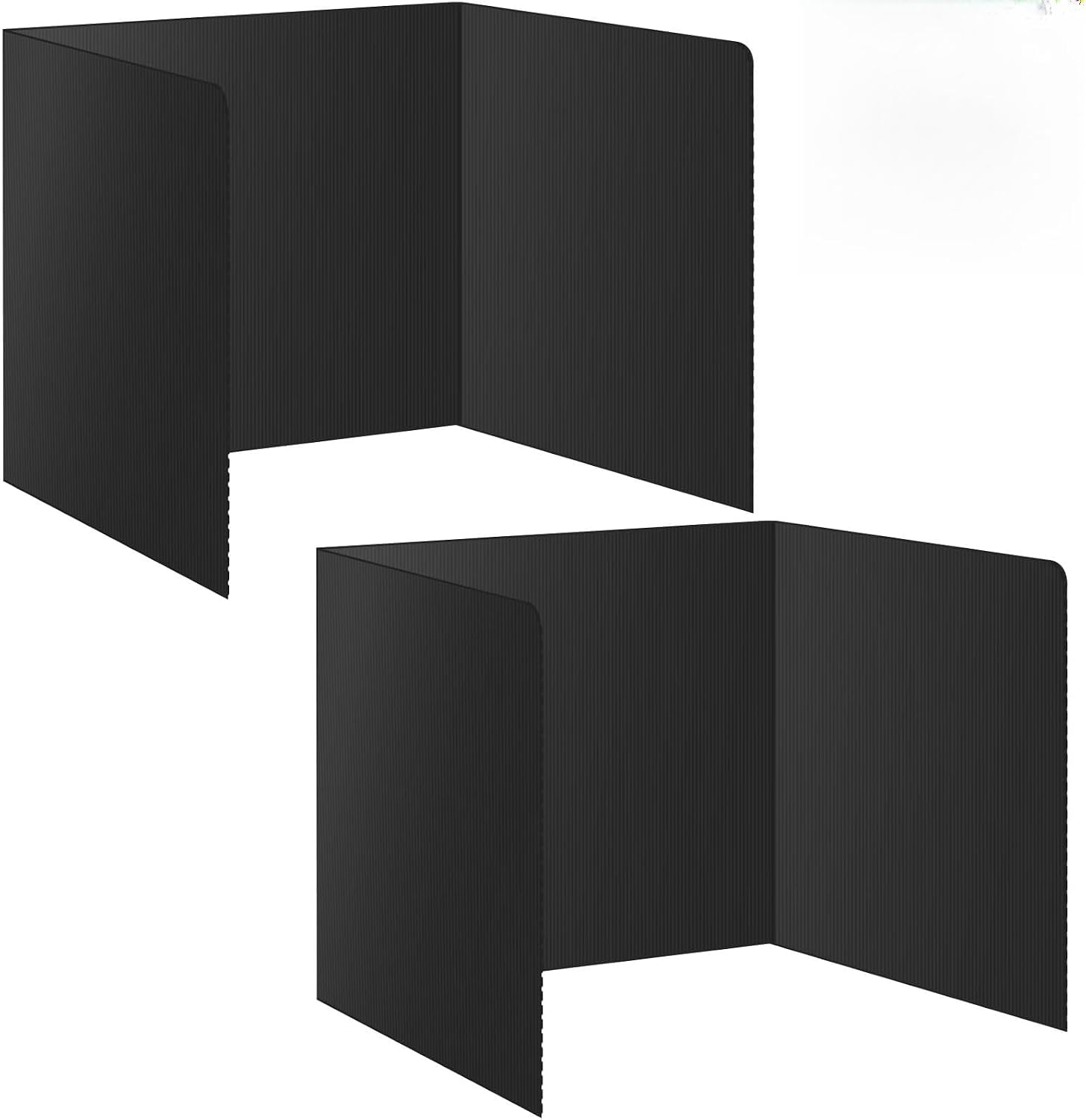 Black foldable plastic desk privacy divider set up as a three-panel study carrel on a desk