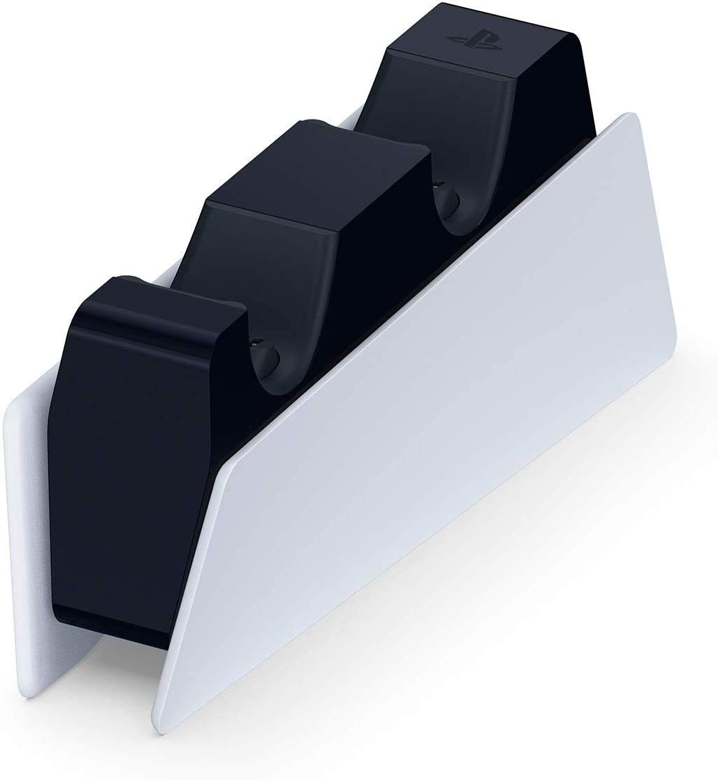 Official white PlayStation 5 DualSense charging station holding two black controllers