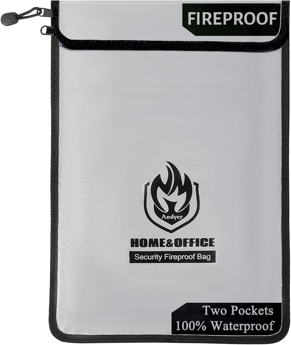 Silver fire-resistant document bag with a zip closure and reinforced fabric