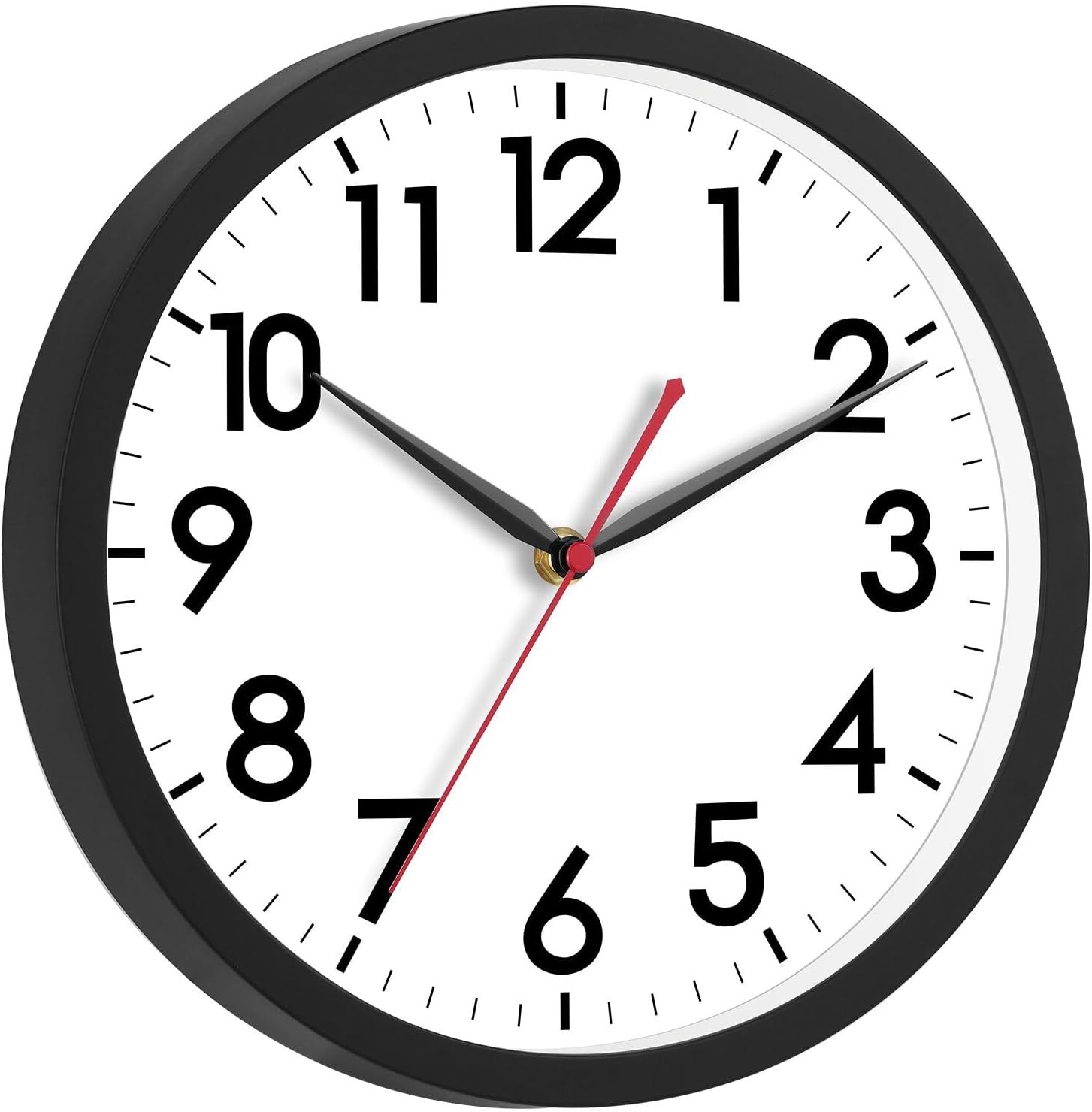 Black framed 12 inch analog wall clock with a white face and large black numerals