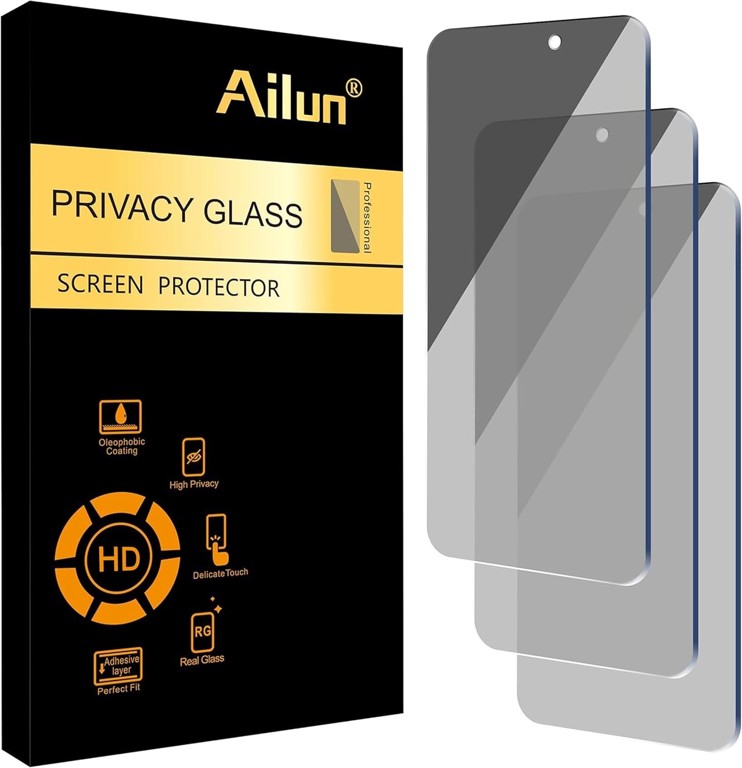 Ailun privacy screen protector retail box beside three tempered glass phone protectors
