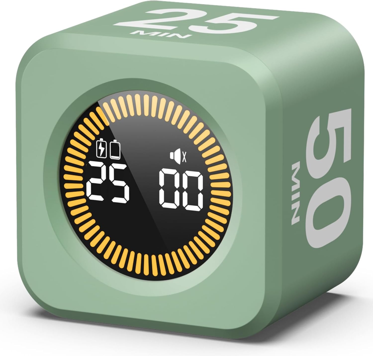 Green KADAMS Pomodoro cube timer showing rotating 5, 10, 25 and 50 minute countdown faces