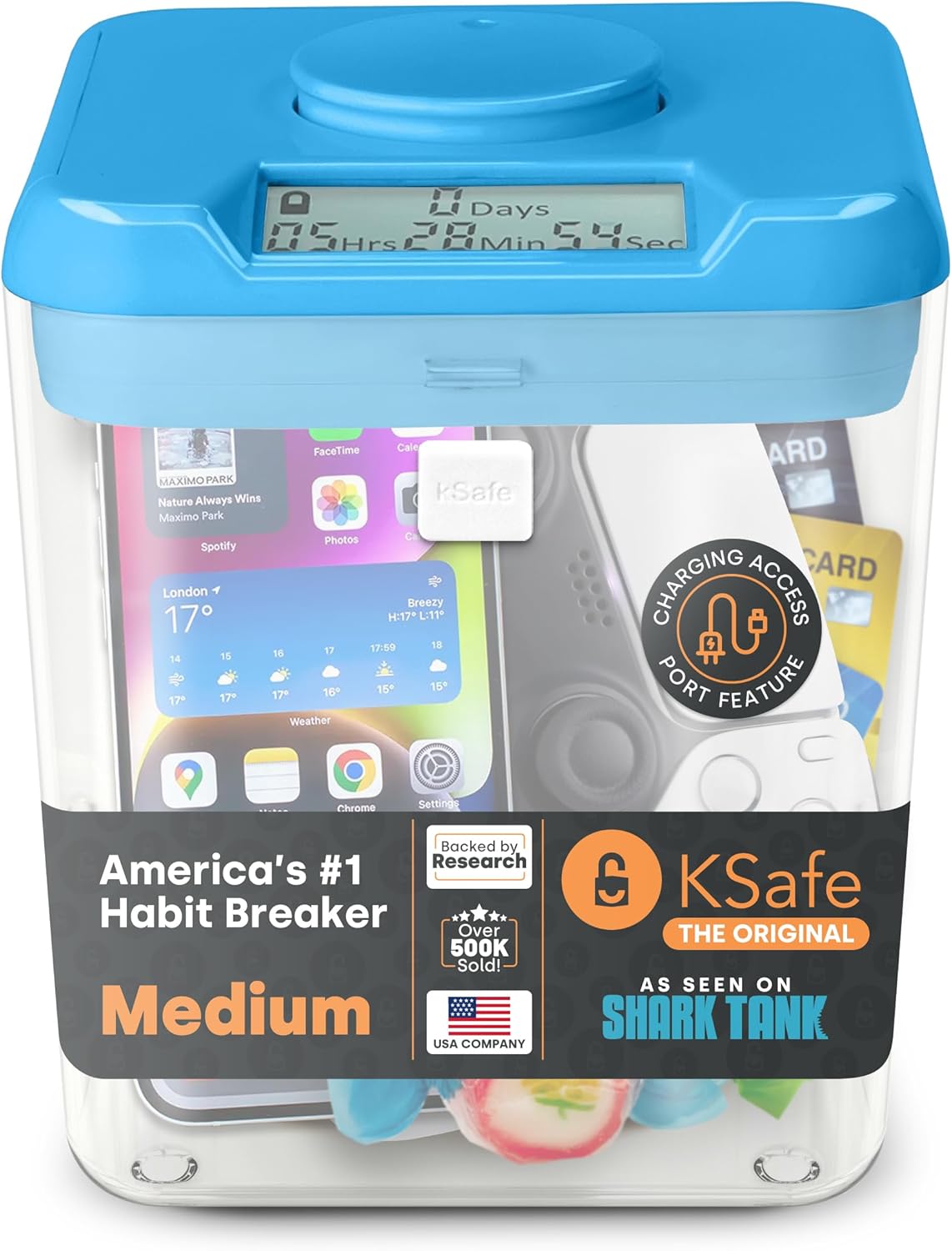 KSafe timed lock box with clear base and blue lid containing a mobile phone, with countdown timer display