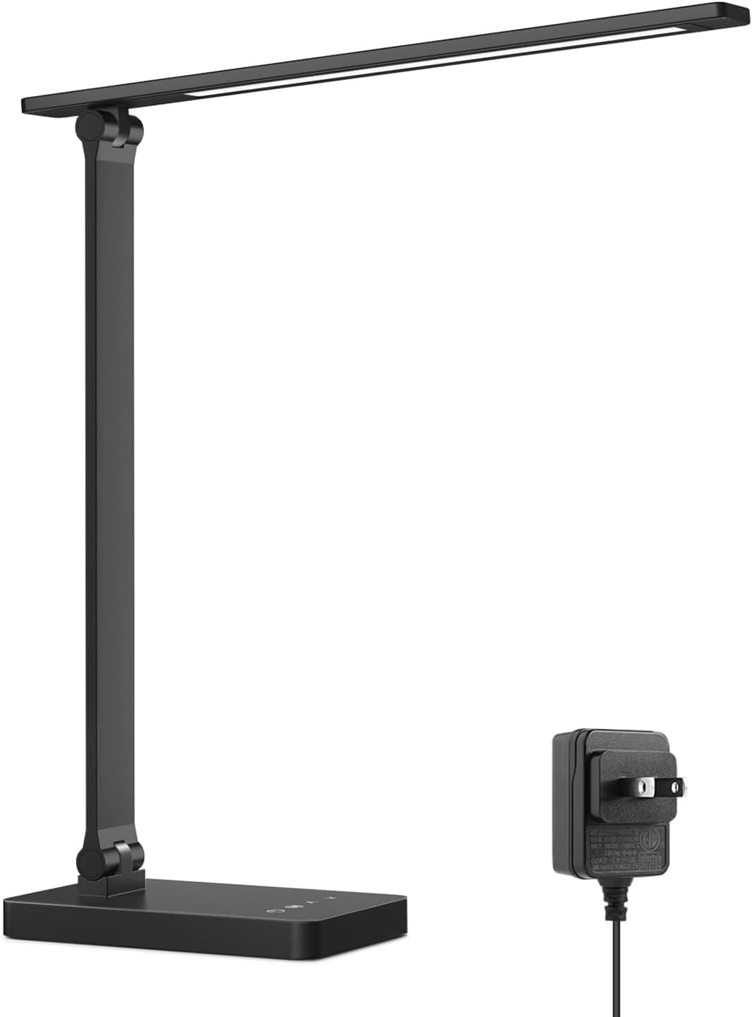 Black Lepro LED desk lamp with a flat rectangular light bar and touch controls on a desk