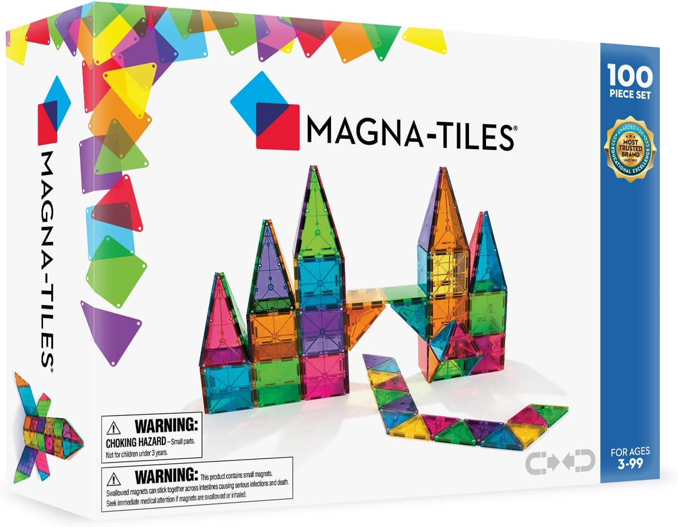 MAGNA-TILES Classic 100-piece translucent magnetic building tiles set with a coloured tile structure