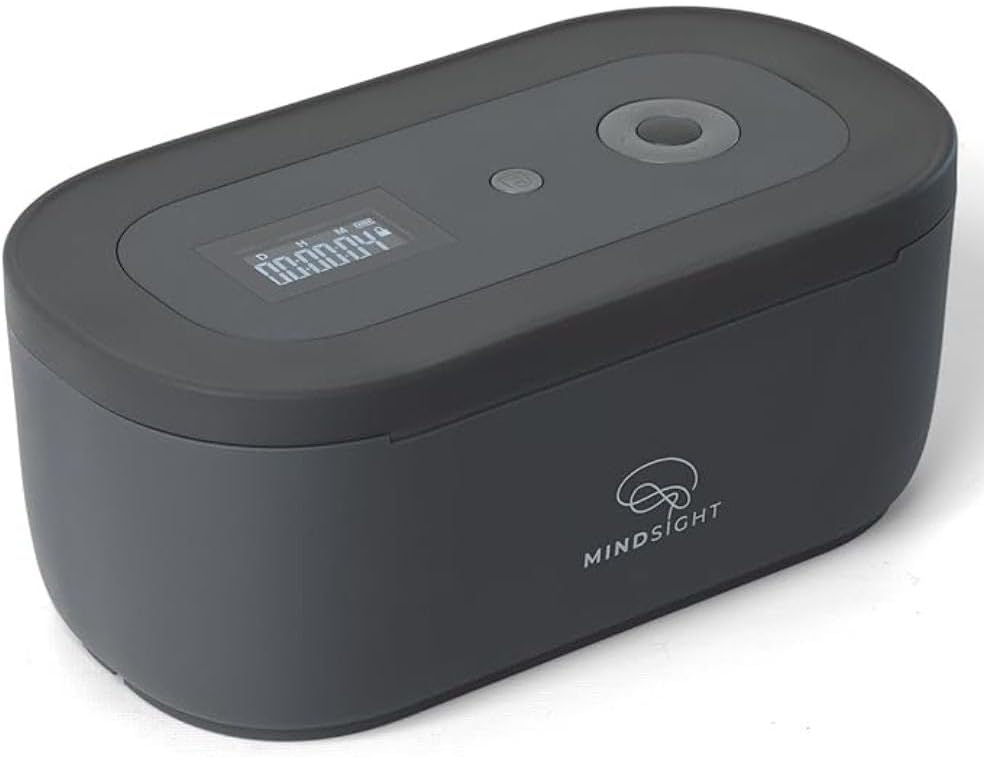 Mindsight timed lock box with a clear container, white lid and digital countdown timer holding a phone