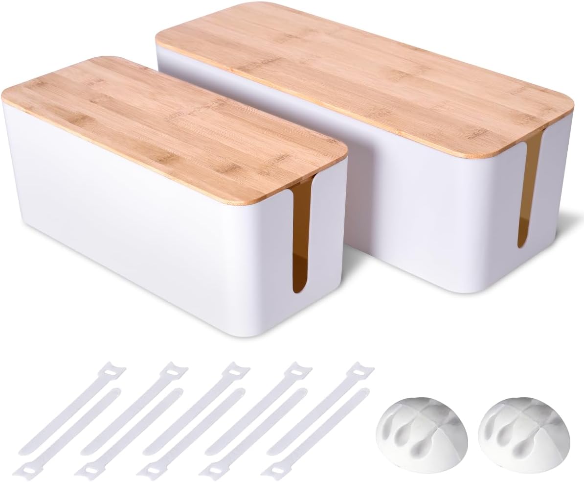 Two wooden-style Naeety cable management boxes with lids concealing a power strip and cords