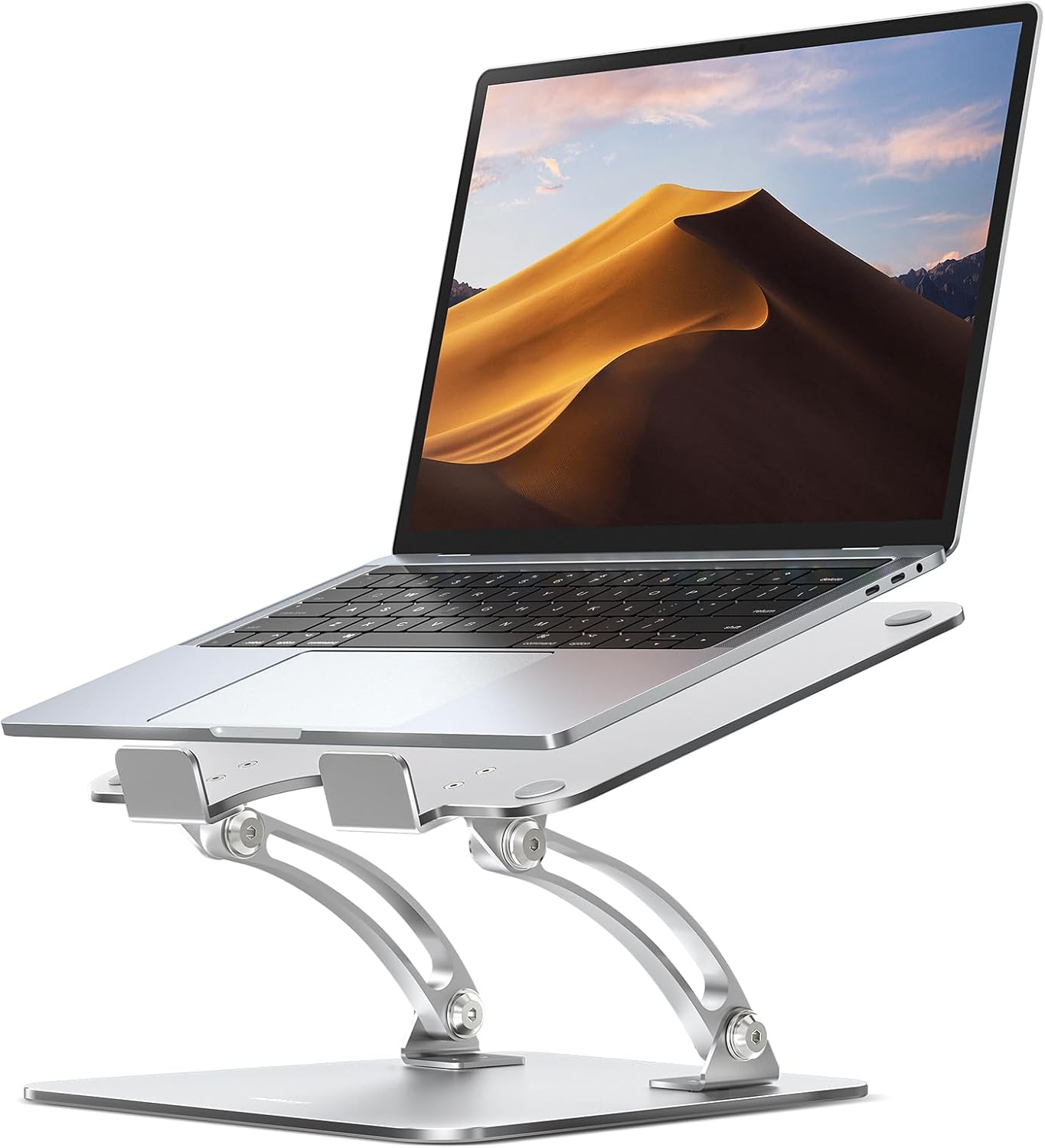 Silver Nulaxy adjustable aluminium laptop stand raising an open laptop to eye level on a desk