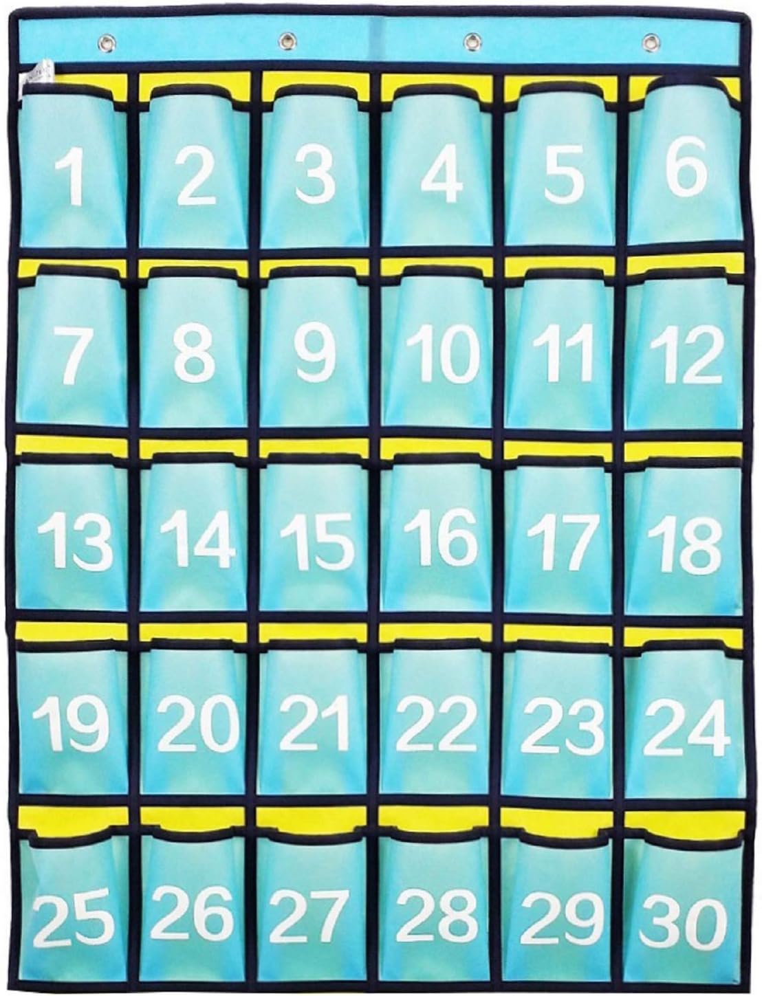 Hanging numbered classroom pocket chart with thirty clear pockets holding mobile phones