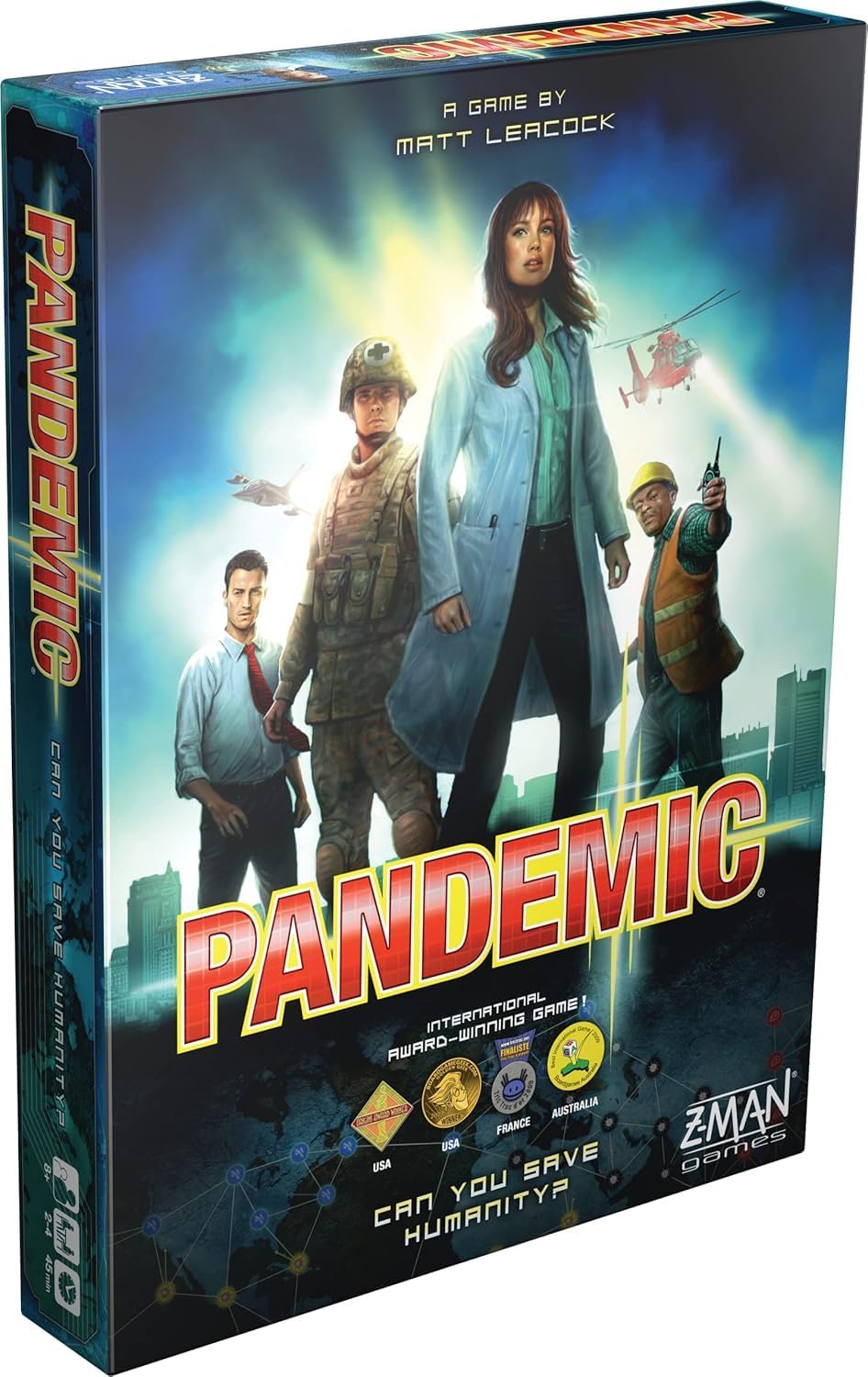Pandemic cooperative board game box with the game board, cards, discs and player pieces laid out