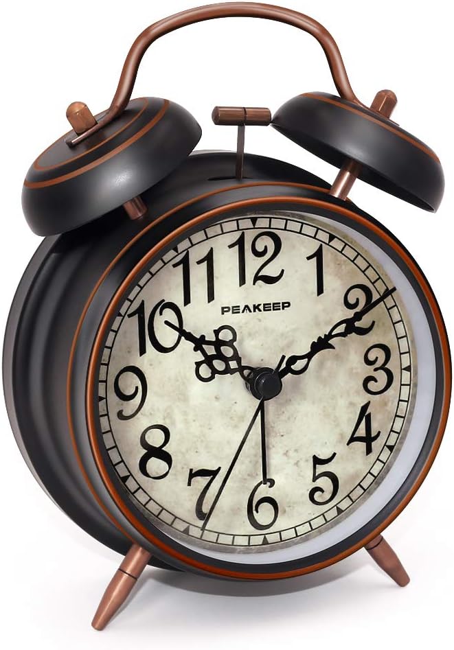 Black Peakeep retro twin bell analog alarm clock with metal bells and Arabic numeral dial