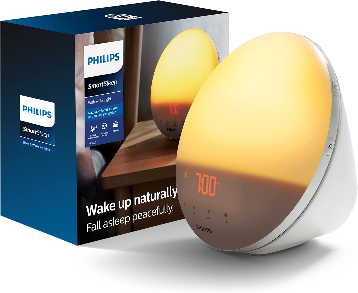 Philips SmartSleep HF3520 wake-up light with a round sunrise-simulating lamp face and control buttons