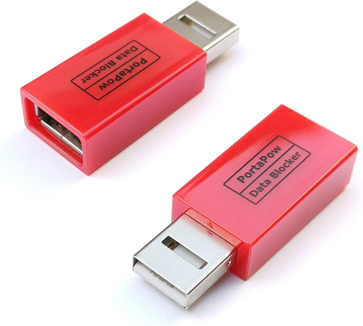 Two red PortaPow USB data blocker adapters shown on a white background