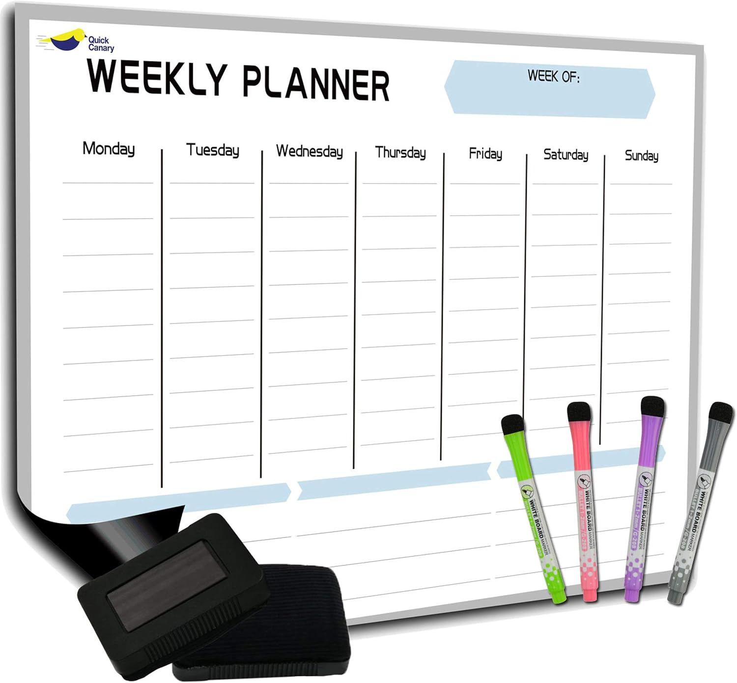 Quick Canary magnetic weekly planner dry erase whiteboard on a fridge with seven day columns and markers