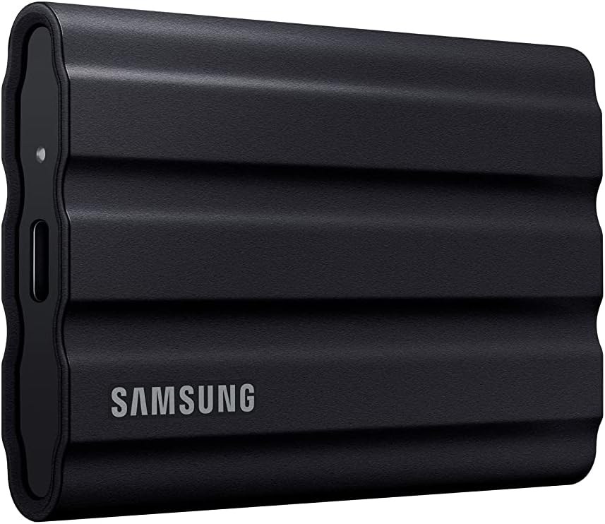 Black Samsung T7 Shield 1TB portable SSD with a ridged rubberised casing