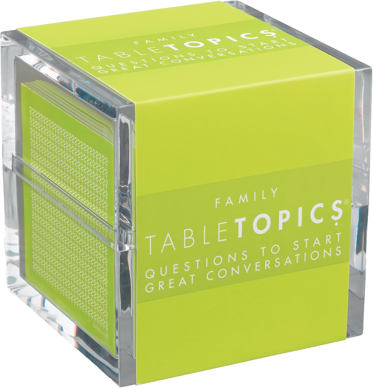 TableTopics Family conversation cards in a clear acrylic cube with question cards fanned beside it