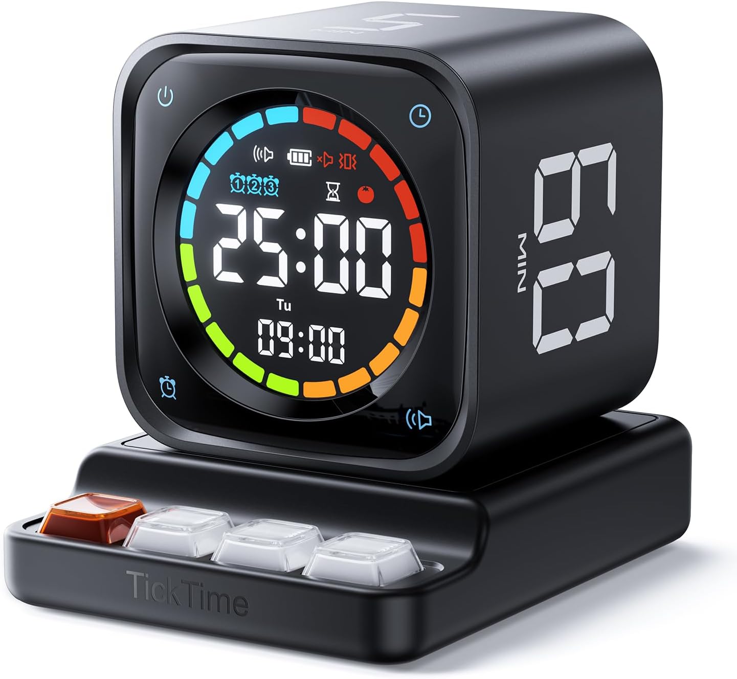 Black TK3 Pomodoro timer cube with digital display showing preset countdown minutes on a desk