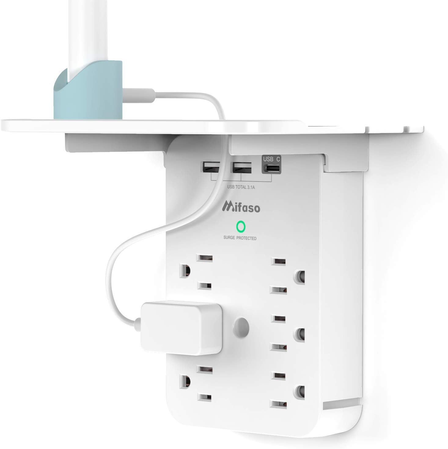 White wall outlet extender with surge protection, six AC outlets, USB ports and a built-in shelf holding a phone