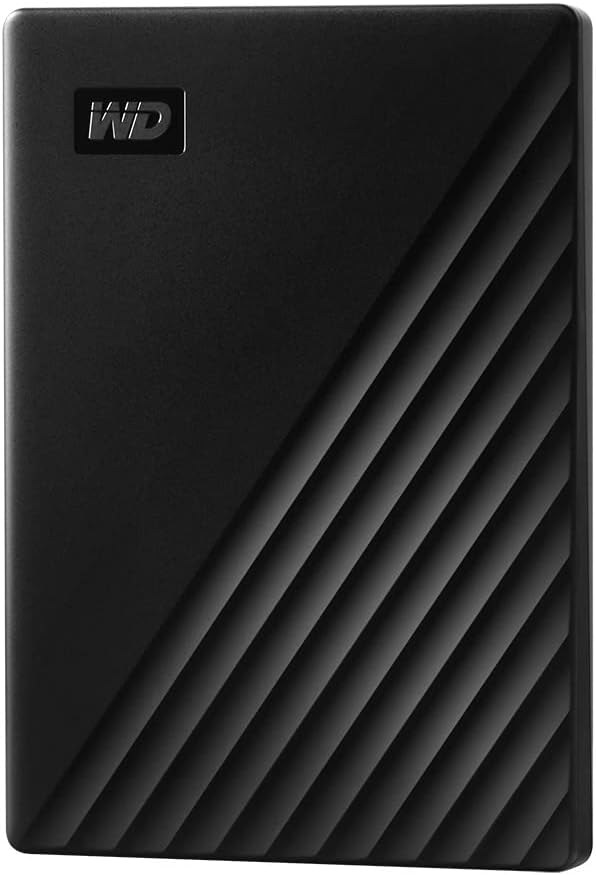 Black WD My Passport 2TB portable external hard drive with a diagonal textured finish