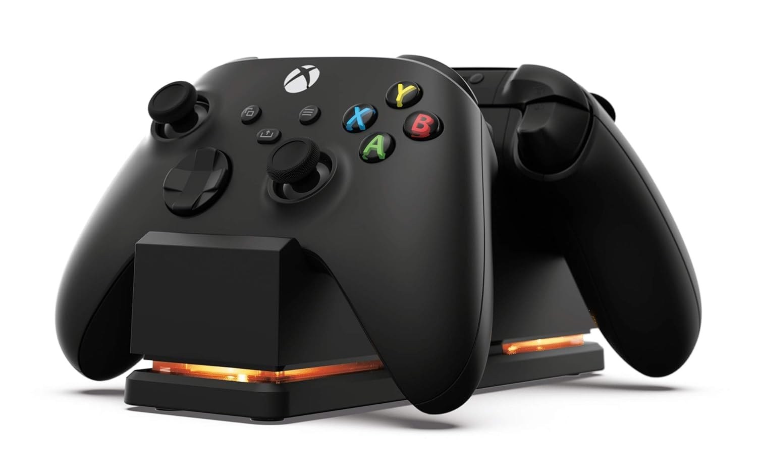 Black PowerA dual charging station holding two Xbox Series X wireless controllers