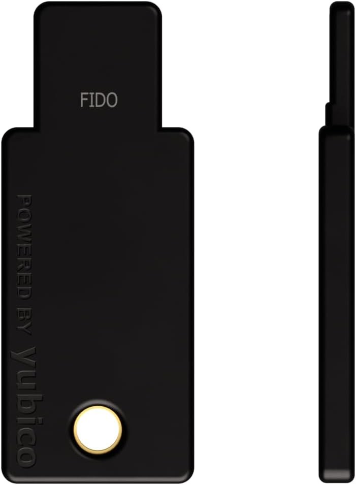 Black Yubico Security Key NFC with FIDO marking, shown from the front and edge on a white background