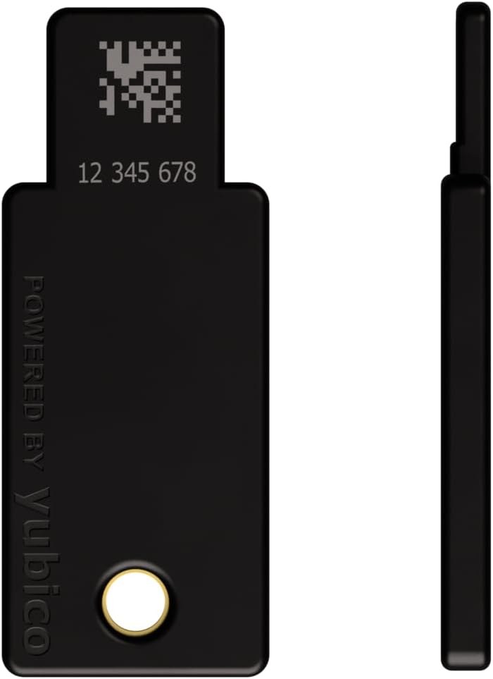 Black Yubico YubiKey 5 NFC security key shown from the front and edge on a white background