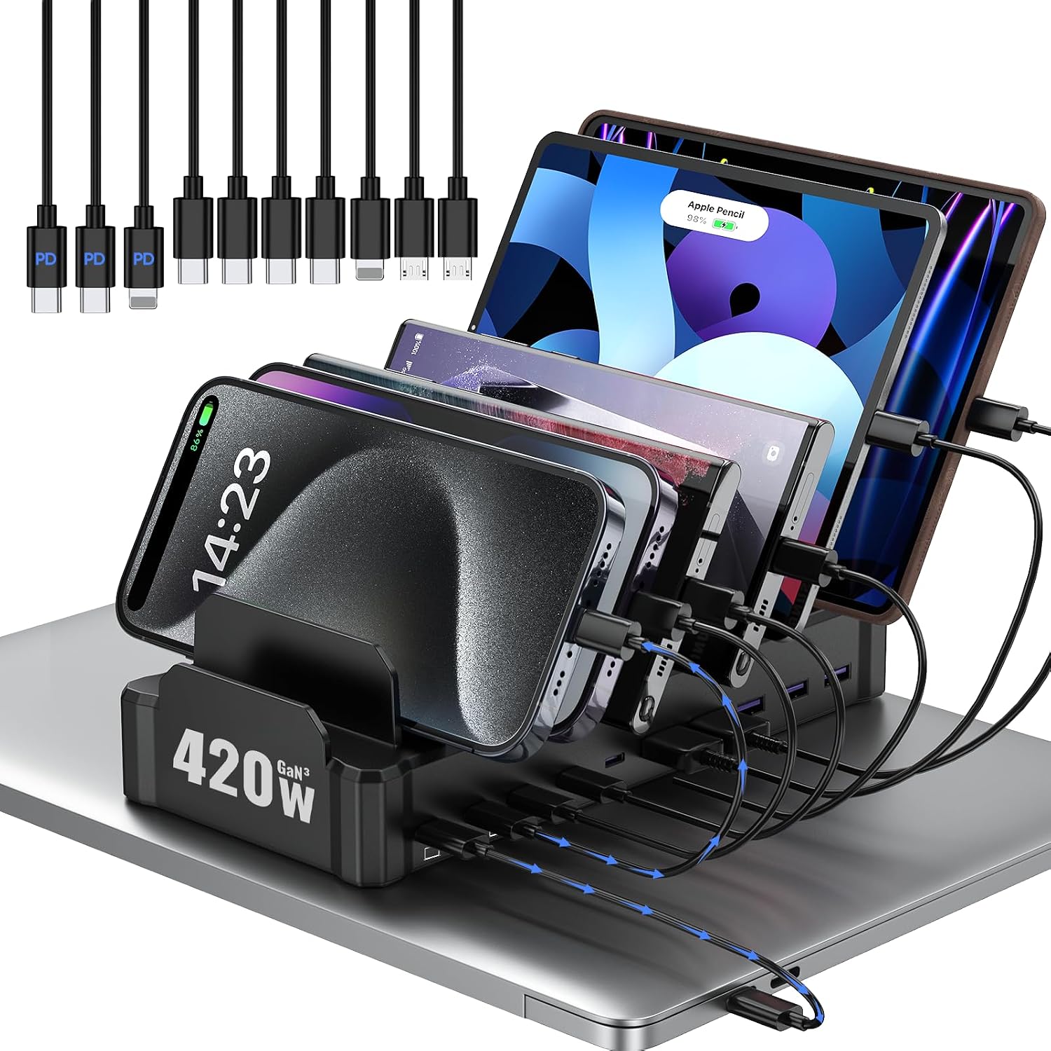 Black Zobirez 420W ten-port USB charging station with slotted dividers and charging cables for multiple devices