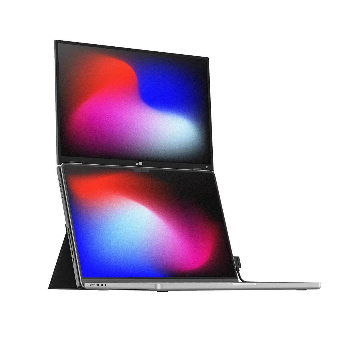 Mobile Pixels Duex Float 2 Pro portable monitor mounted above a laptop screen