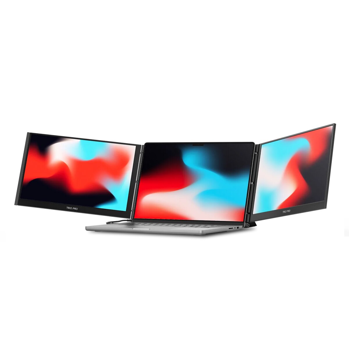Mobile Pixels Trio 3 Pro dual-panel attachment creating a three-screen laptop setup