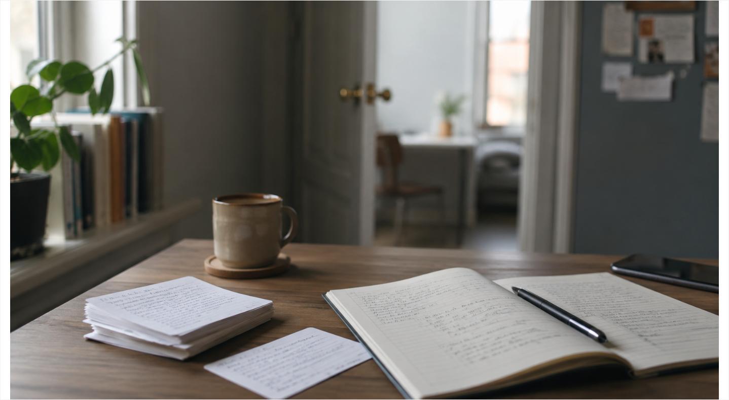A quiet study desk with a stack of handwritten flashcards, an open notebook, and a phone set aside in the background - study tools that make you retrieve information, not just reread it.