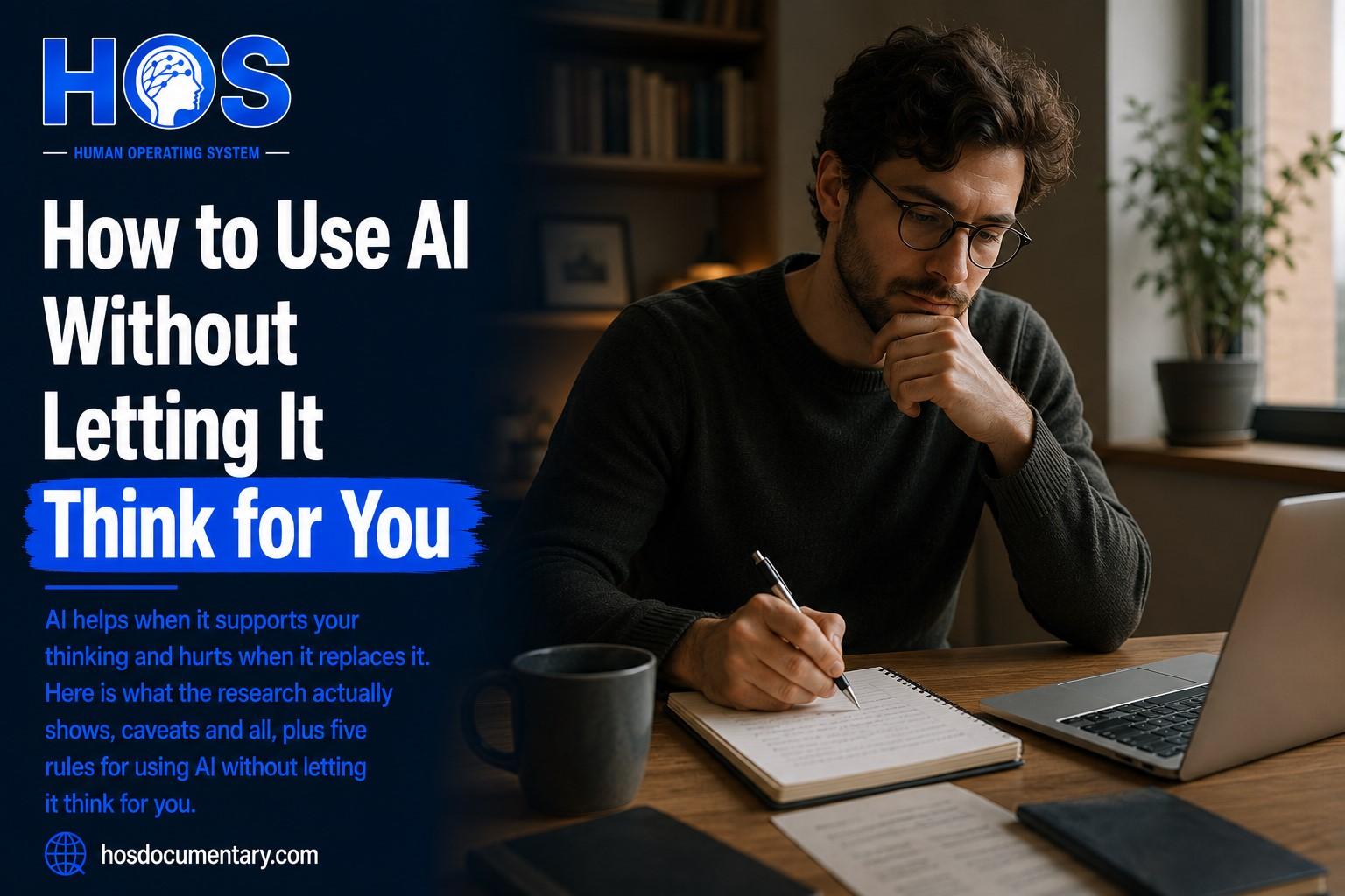 A person mid-thought at a desk, pen and notebook in hand, laptop open but set slightly aside - thinking first, tool second.