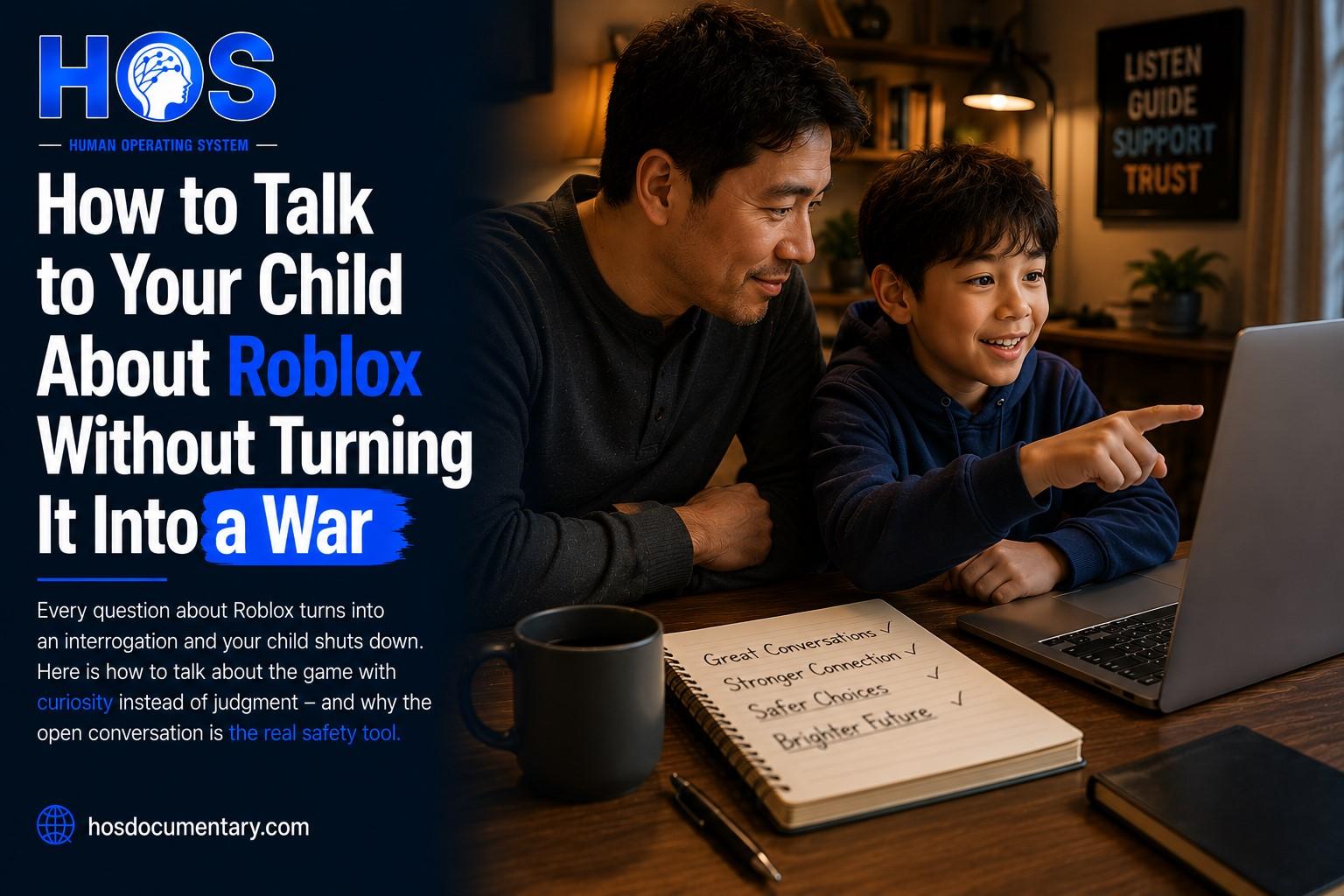 A parent sitting beside a younger child at a screen, the child pointing and explaining, the parent leaning in with real interest.