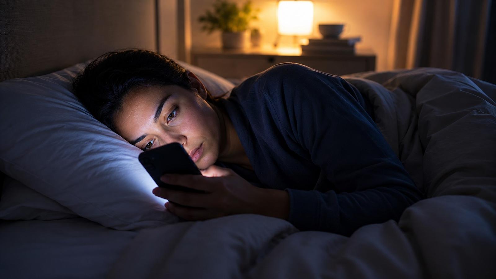 A phone glowing in a dark bedroom at night, lighting a hand on the covers - the pull of scrolling in bed when you meant to sleep.