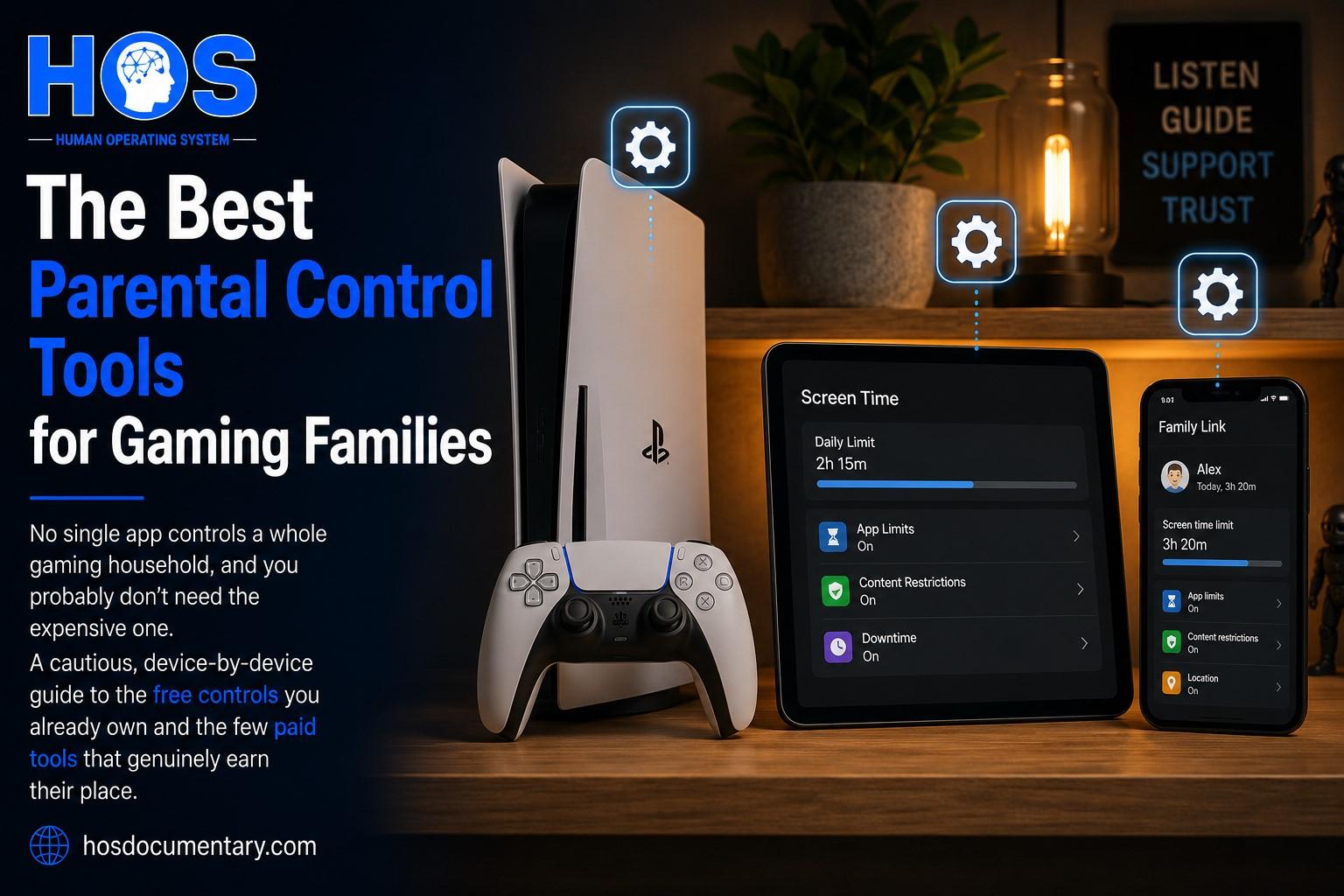 A game console, a tablet, and a phone on a shelf, each with a small settings icon - the idea of a right control for each device.