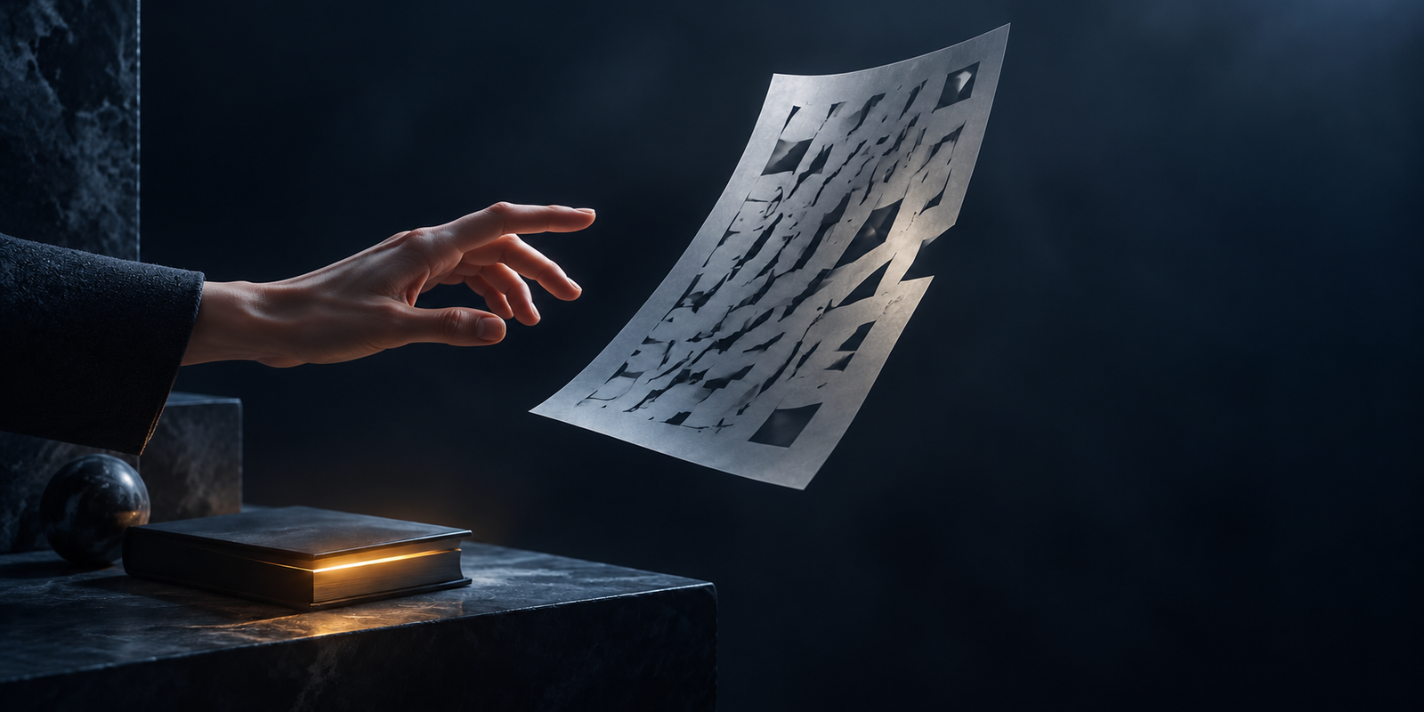 A pale sheet of fragmented, back-slanted glyphs floats in dark blue space as a hand reaches past it toward a closed book glowing gold