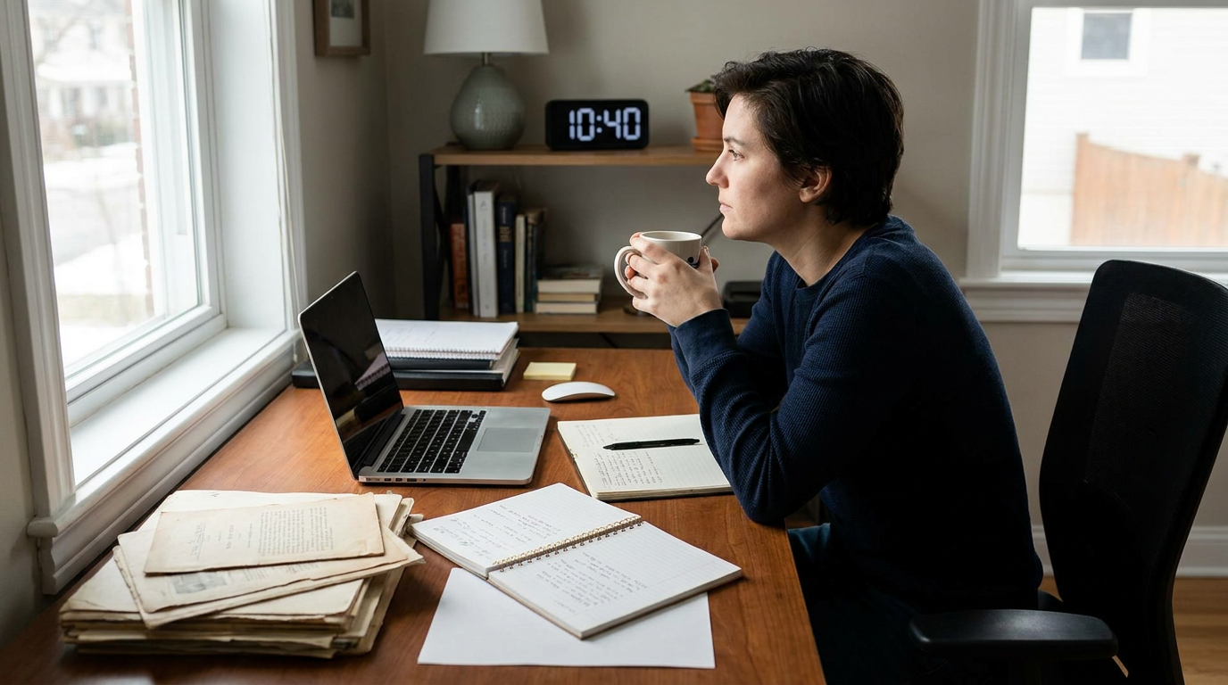 A laptop open to a single document on a tidy desk, with a phone lit at the edge of the frame – the pull of distraction while trying to focus