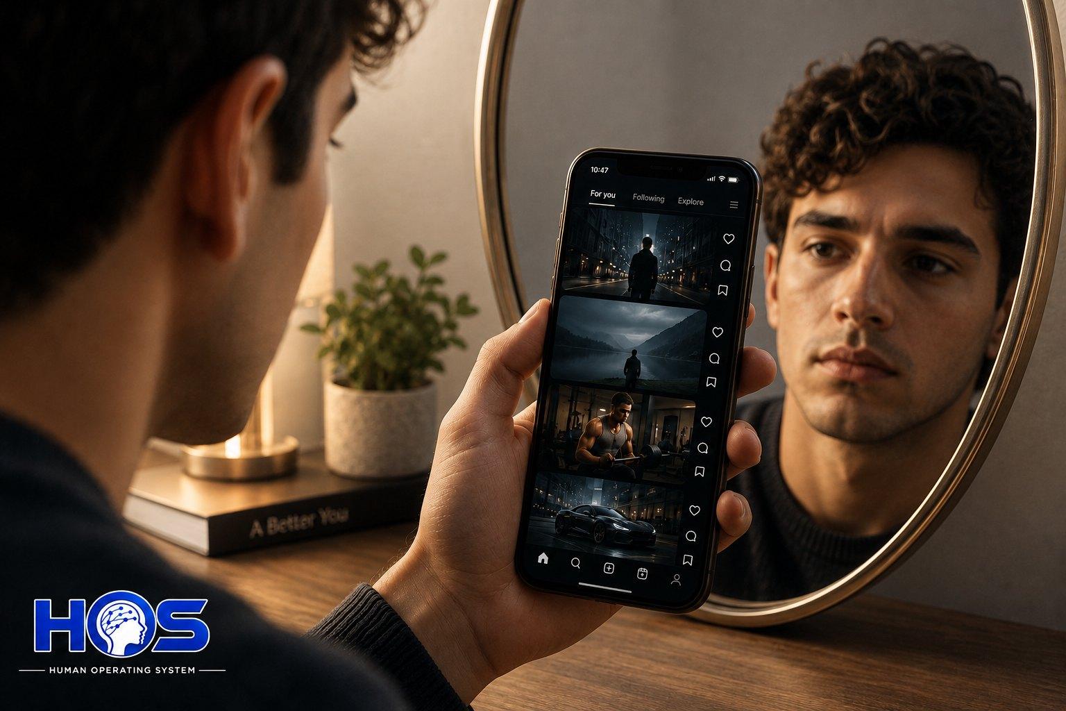 A phone screen reflecting a person's face, feed and reflection subtly mismatched.