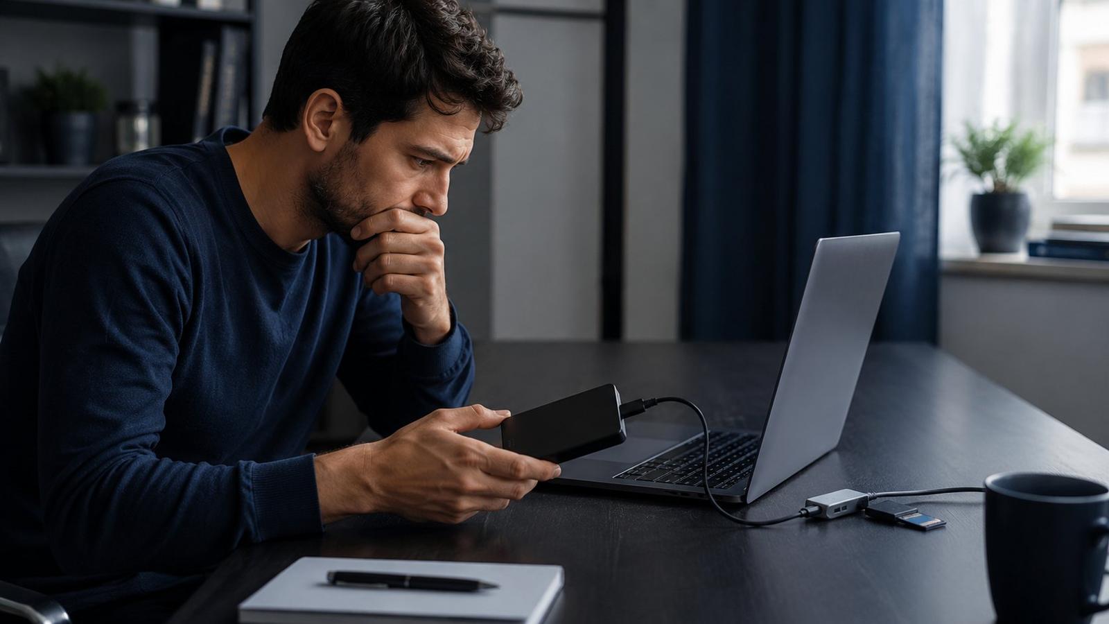 A laptop on a desk connected to an external hard drive and an SD card reader, with a calm person reviewing recovery options.