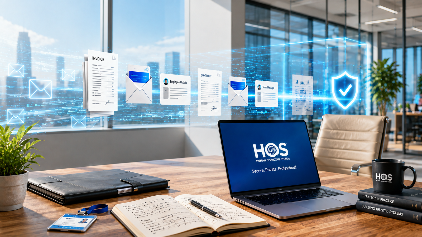 Modern office desk with a laptop showing the HOS logo and a stream of digital business documents and messages flowing toward a security shield