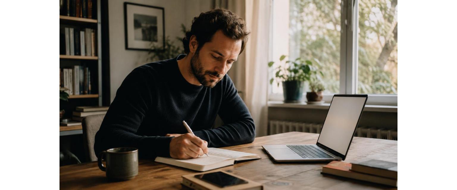 A person mid-thought at a desk, pen and notebook in hand, laptop open but set slightly aside - thinking first, tool second.