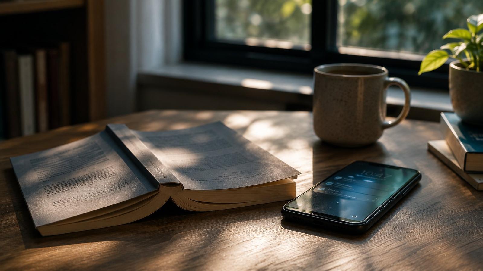 An open paperback lying face-down on a desk next to a phone with its screen lit, in daylight.