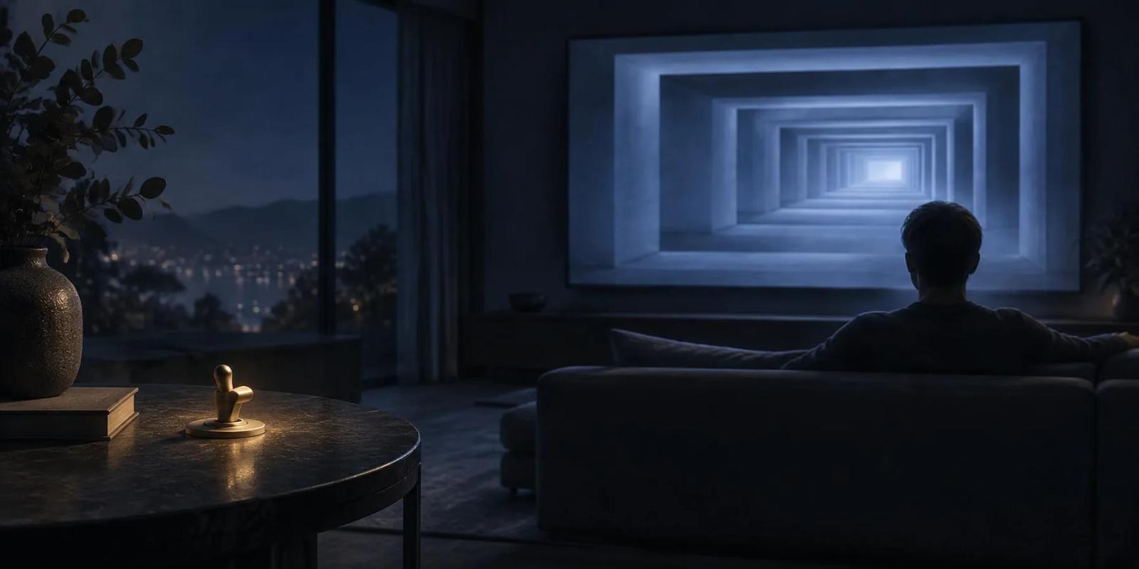 A viewer on a sofa in a dark room facing a screen of endlessly receding frames, with a small gold switch on a side table
