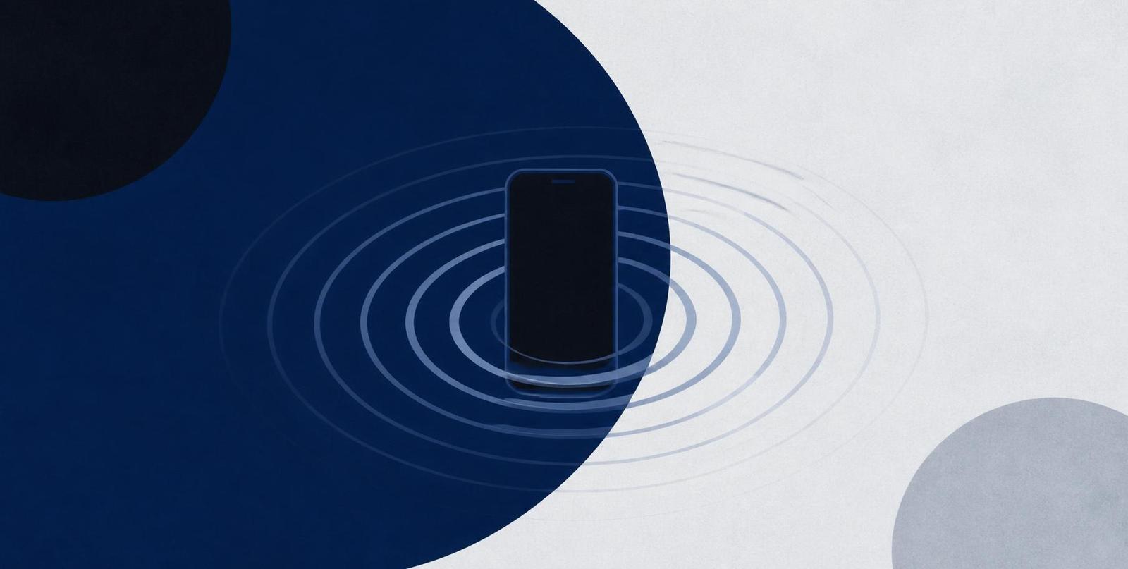 Abstract illustration of a phone lying still at the centre of fading concentric ripples, in deep blue and grey.