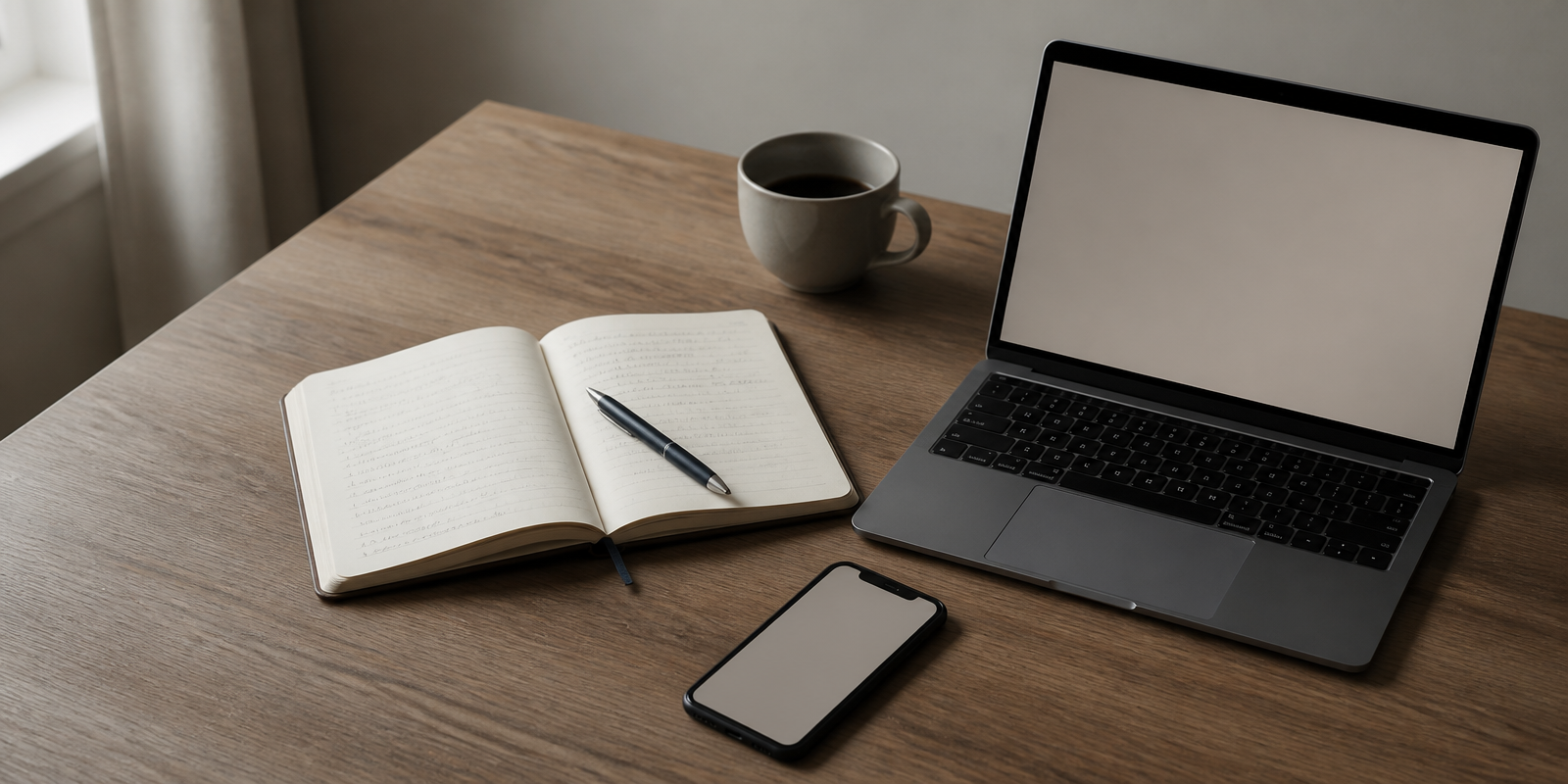 An open handwritten notebook, a pen, a phone and a laptop arranged on a desk in soft daylight, suggesting information passing between a person and the tools they hand thinking to.