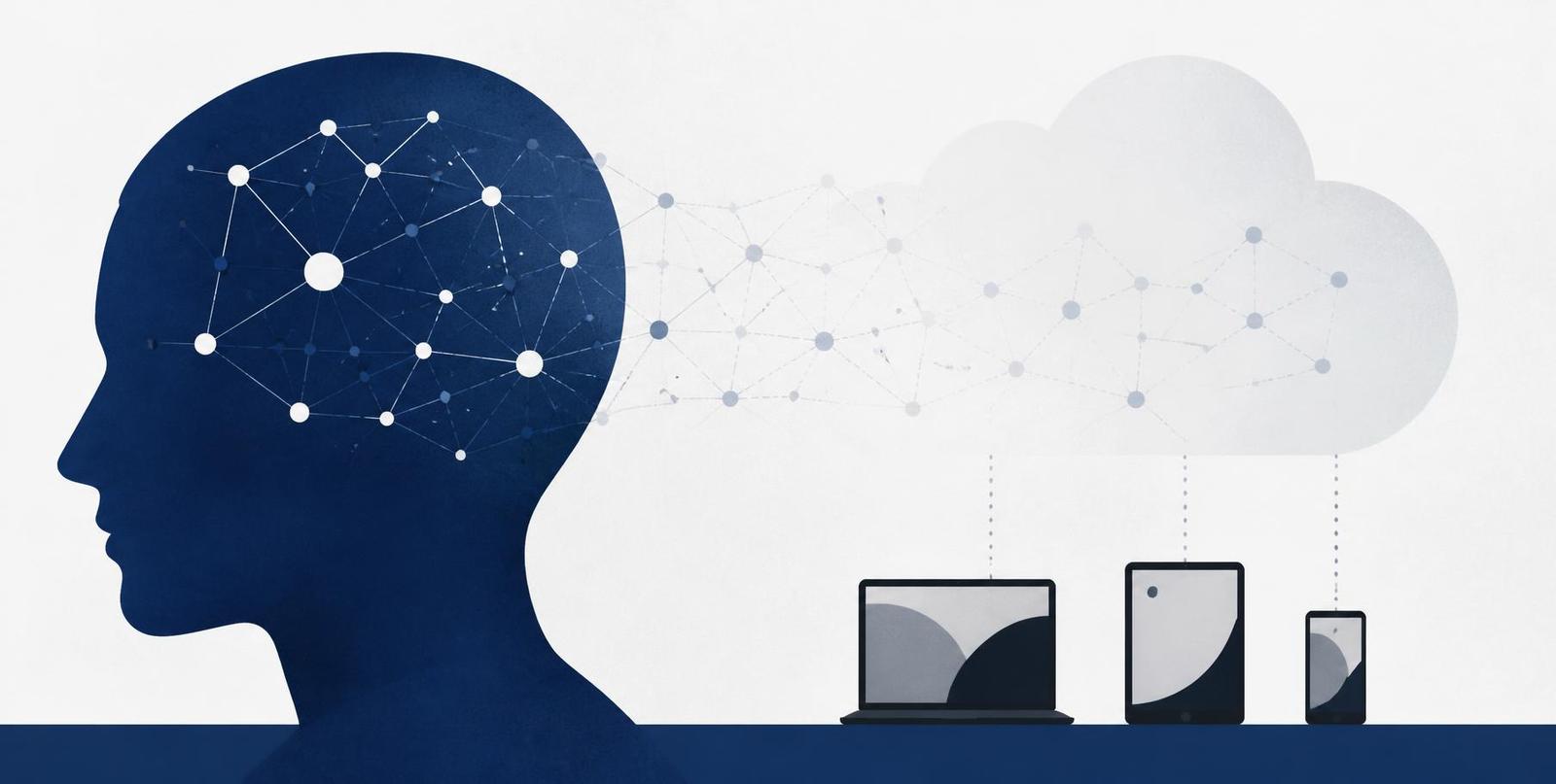 Abstract illustration of a head in profile whose network of memory nodes fades into a cloud connected to devices.